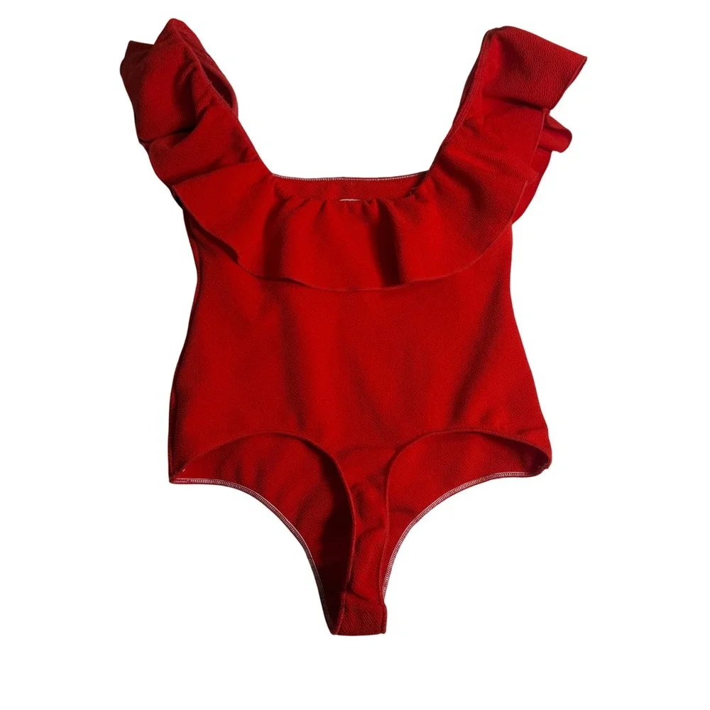 Show Me Your Mumu Rochelle Bodysuit Womens Small Red Ruffle Textured